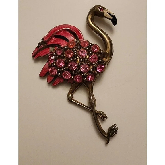 Vintage Flamingo Brooch Pink Pink Rhinestones & Enamel Gold Tone - Picture 1 of 6